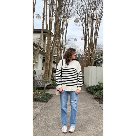 Women's Apricot Batwing Long Sleeve Crew Neck Striped Oversized Pullover Sweater - Picture 5 of 5